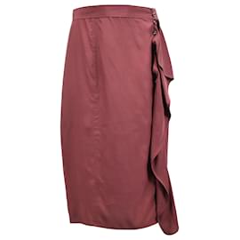 Saint Laurent-Yves Saint Laurent Draped Midi Skirt in Burgundy Silk-Red,Dark red