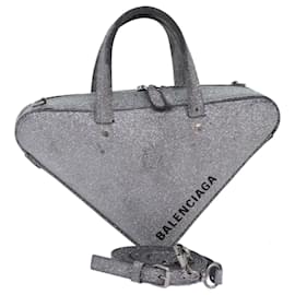 Balenciaga-BALENCIAGA Triangle Duffle XS Hand Bag Leather 2way Silver 531048 Auth 74610-Silvery