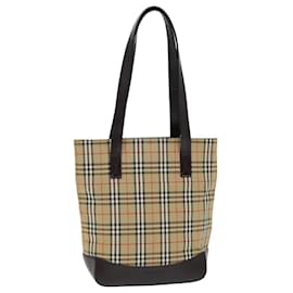 Burberry-BURBERRY Nova Check Tote Bag Lona Couro Bege Auth bs14347-Bege