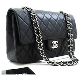 Chanel-Borsa a tracolla CHANEL Classic Double Flap 10" con catena argento nero Lam.-Nero