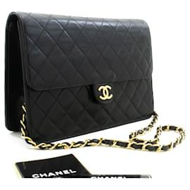 Chanel-CHANEL Kettenschultertasche Clutch Schwarz Gesteppte Klappe Lammleder Geldbörse-Schwarz