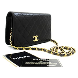 Chanel-CHANEL Pochette de sac à bandoulière en chaîne à rabat intégral en cuir d'agneau matelassé noir-Noir