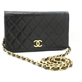 Chanel-CHANEL Full Flap Bolsa de Ombro com Corrente Clutch Pele de Cordeiro Acolchoada Preta-Preto