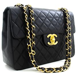 Chanel-CHANEL Klassische große 13" Umhängetasche mit Kettenriemen aus schwarzem Lammleder-Schwarz