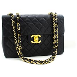 Chanel-Bolsa de ombro com corrente CHANEL Classic Large 13" Flap em pele de cordeiro preta.-Preto