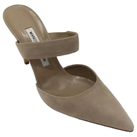 Autre Marque-Manolo Blahnik Taupe Pointed Toe Suede Mules-Beige