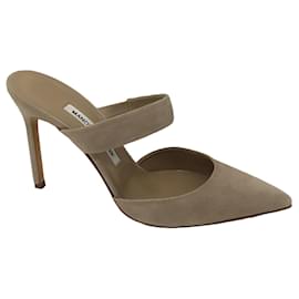 Autre Marque-Manolo Blahnik Taupe Pointed Toe Suede Mules-Beige