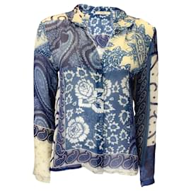 Autre Marque-Etro Blue / Ivory Printed Long Sleeved Sheer Silk Blouse-Blue