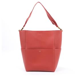 Céline-CELINE Seau Sangle Bucket Leather Shoulder Bag in Red-Red