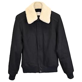 Sandro-Sandro Heron Shearling Collar Jacket in Navy Blue Polyester-Blue,Navy blue