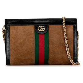 Gucci-Gucci Brown Small Suede Ophidia Web Chain Crossbody-Brown