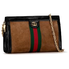 Gucci-Sac à bandoulière en chaîne Web Ophidia en daim marron petit Gucci-Marron