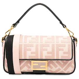 Fendi-Fendi Pink Zucca Embroidered Baguette Satchel-Pink