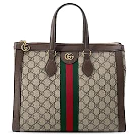 Gucci-Gucci Brown Medium GG Supreme Ophidia Satchel-Brown,Beige