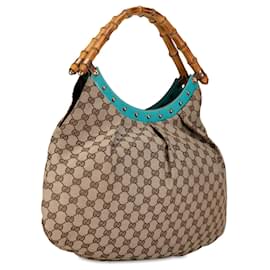 Gucci-Gucci Brown GG Canvas Bamboo Studded Hobo-Brown,Beige