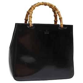 Gucci-GUCCI Bamboo Hand Bag Enamel Black 93152 Auth bs14450-Black