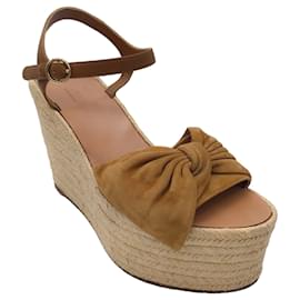 Autre Marque-Valentino Ochre Brown Suede calf leather Tropical Bow Espadrille Platform Wedge Sandals-Brown