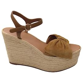 Autre Marque-Valentino Ochre Brown Suede calf leather Tropical Bow Espadrille Platform Wedge Sandals-Brown