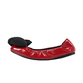 Prada-Prada Red Patent Leather Black Bow Scrunch Ballet Flats Size 36.5 eu-Red
