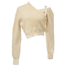 Jacquemus La Maille Seville One-Shoulder-Pullover aus cremefarbener Merinowolle Weiß Roh