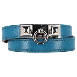 Hermès-Hermès Rivale Double Tour Palladium-Plated Bracelet in Blue Leather-Blue