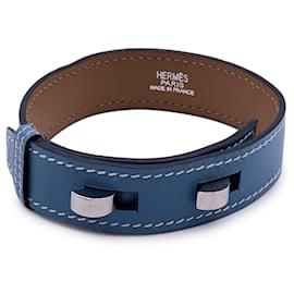 Hermès-Hermes Paris Light Blue Leather Belt Bracelet Silver Metal Hardware-Blue