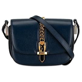 Gucci-Gucci Sylvie Leather Shoulder Bag 615965 Navy in Very Good Condition-Blue