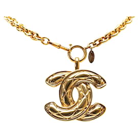 Chanel-Chanel Gold CC Quilted Pendant Necklace-Golden