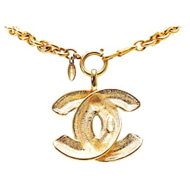 Chanel-Chanel Gold CC Quilted Pendant Necklace-Golden