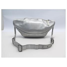 Chanel-CHANEL BANANA HANDBAG QUILTED LEATHER TIMELESS CLASP SILVER BELT BAG-Silvery
