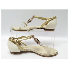 Chanel-CHANEL SHOES GRIPOIX STYLE STRAP SANDALS 37 LEATHER & EEL SHOES-Cream