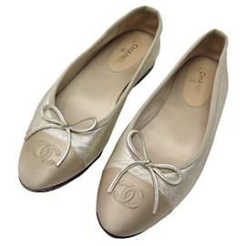 Chanel-CHANEL LOGO CC G BALLERINAS SHOES02819 37 IRISE LEATHER GOLD CANVAS SHOES-Golden