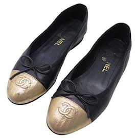 Chanel-CHANEL LOGO CC G BALLERINAS SHOES02819 37 BICOLOR BLACK GOLD SHOES-Other