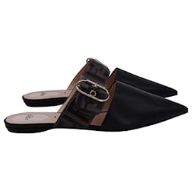 Fendi-Fendi FF Embossed Buckle Flat Mules in Black Vitello Leather-Black