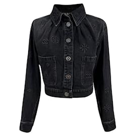 Chanel-New Iconic Black Logo Embossed Denim Jacket-Black
