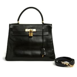 Hermès-Hermes 1970 Kelly Bag 28 in black box leather with strap-Black