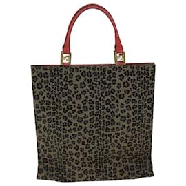 Fendi-FENDI Leopard Hand Bag Canvas Brown Red Auth bs14393-Brown,Red