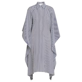 Michael Kors-Michael Kors Collection Sea Multi Stripe Midi Silk Caftan Shirt Dress-Blue
