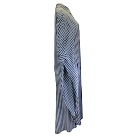 Michael Kors-Michael Kors Collection Sea Multi Stripe Midi Silk Caftan Shirt Dress-Blue