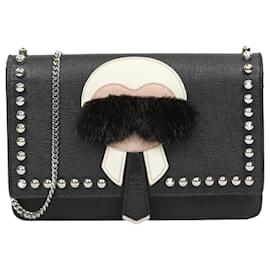Fendi-FENDI wallet on chain leather crossbody bag in black (copy)-Black