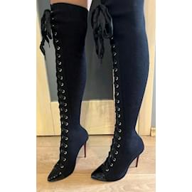 Christian Louboutin-Christian Louboutin Frenchie Lace-up Over the Knee Sock boots-Black