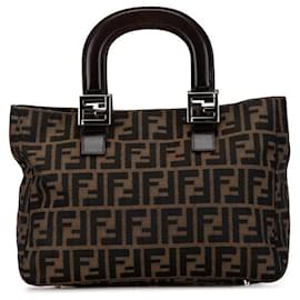 Fendi-Fendi Zucca Canvas Leather Handbag 26693 in Very Good Condition-Brown