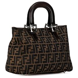 Fendi-Fendi Zucca Canvas Leather Handbag 26693 in Very Good Condition-Brown