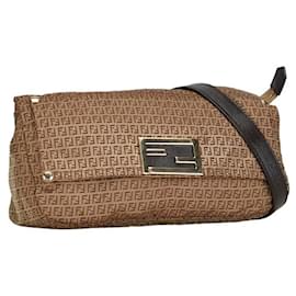 Fendi-Fendi Zucchino Nylon Leather Shoulder Bag Brown in Very Good Condition-Brown