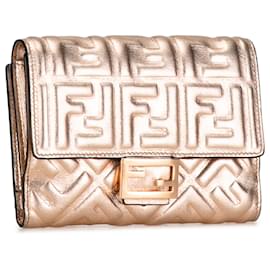 Fendi-Fendi Gold Zucca Embossed Compact Wallet-Golden