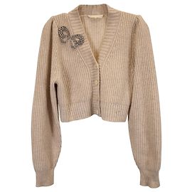 LoveShackFancy Larsa Cardigan embelezado com laço em lã bege Bege