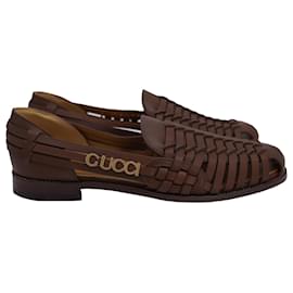 Gucci-Gucci Woven Sandals with Gucci Detail in Brown Leather-Brown,Red
