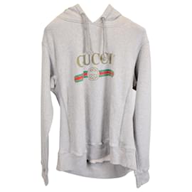 Gucci-Gucci Vintage Logo Embroidered Pullover Hoodie In Grey Cotton-Grey