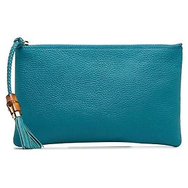 Clutch de couro Gucci Bamboo com tassel, turquesa em muito bom estado Azul
