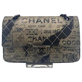 Chanel-CHANEL 2015 GRAFFITI NEWSPAPER MEDIUM CLASSIC DOUBLE FLAP BAG SO BLACK-Black,Silvery,Grey,Bronze